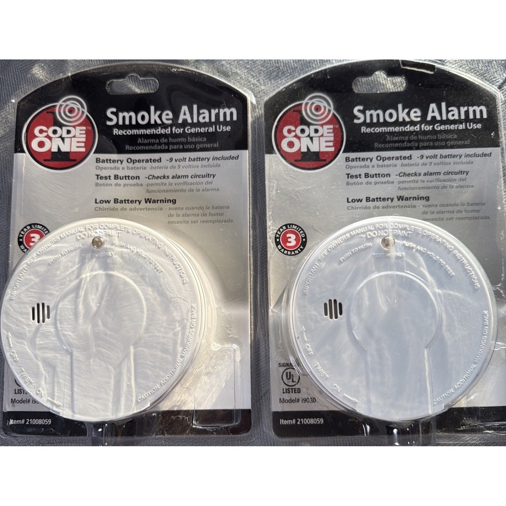 CODE ONE Smoke Alarm Detector Model- i90030~ 9 Volt Battery Powered Lot Of 2